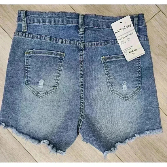 NWT Rocky Roxy Blue Denim Shorts Women's Sz Medium Distressed Frayed Hem Stretch - Picture 2 of 8